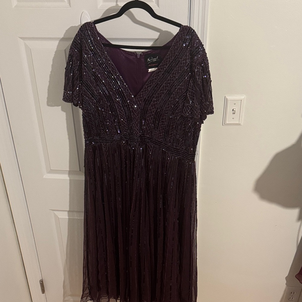Mac Duggal Plum Beaded Midi Dress